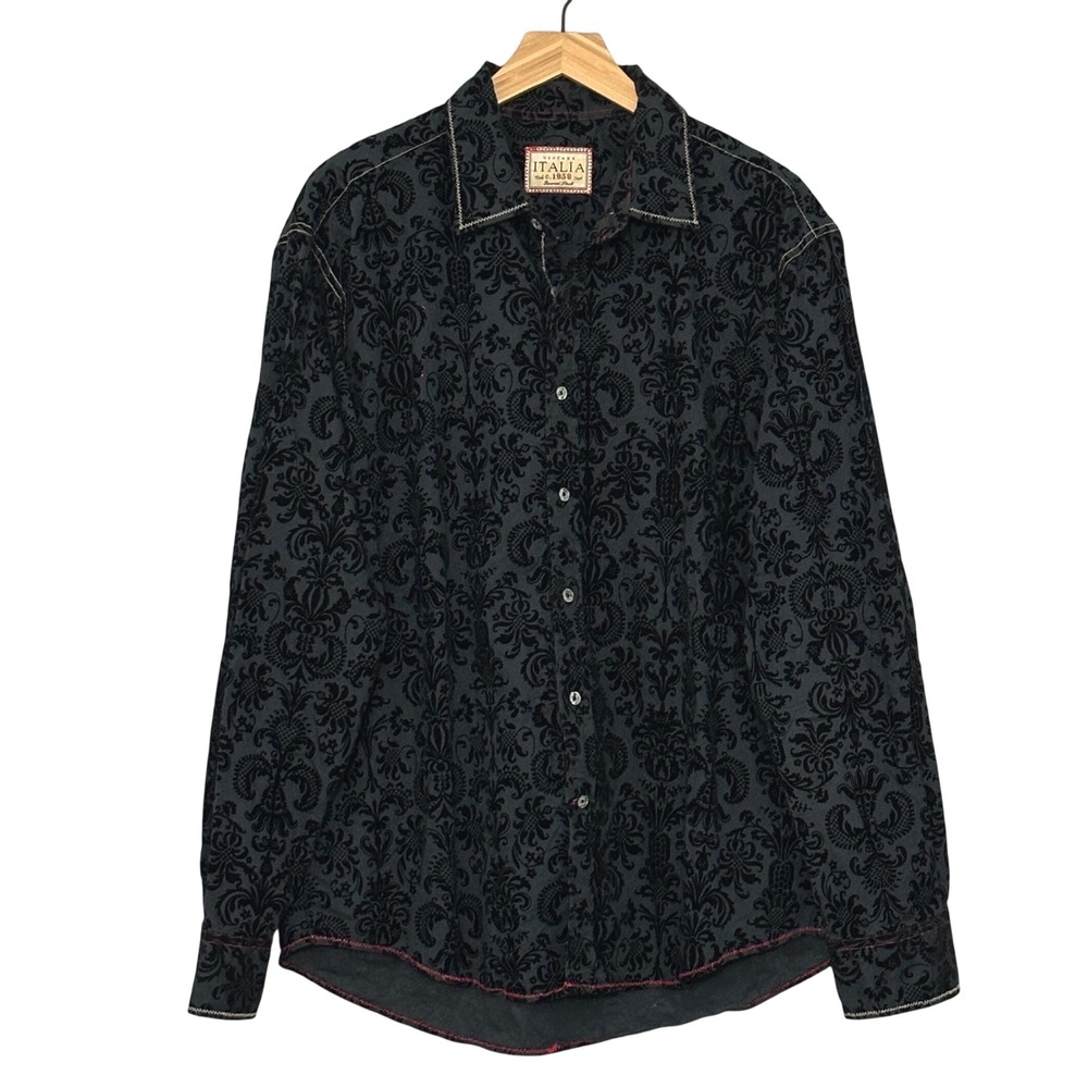 Vintage Italia Mens Shirt XL Black Damask Flocked Velvet Texture Emo Formal Alt